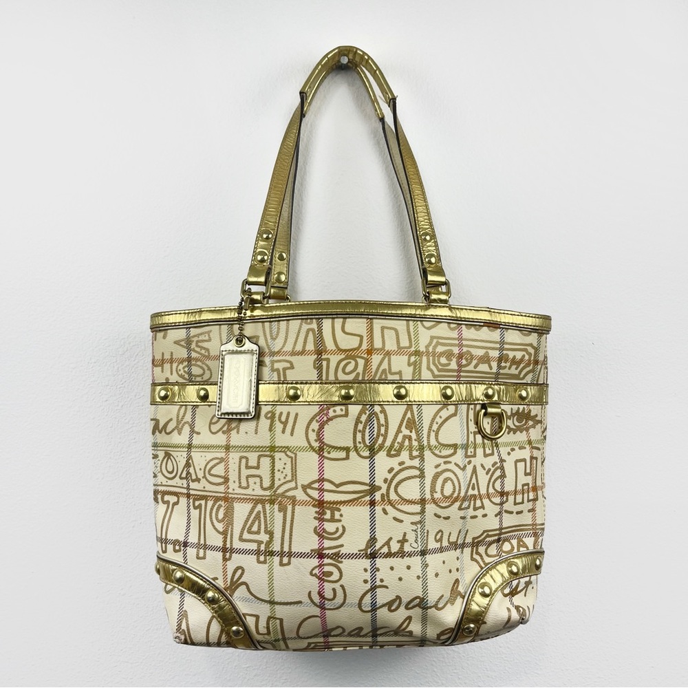 Coach Heritage Graffiti Tattersall Coated Canvas Tote Bag 13188 Metallic Gold